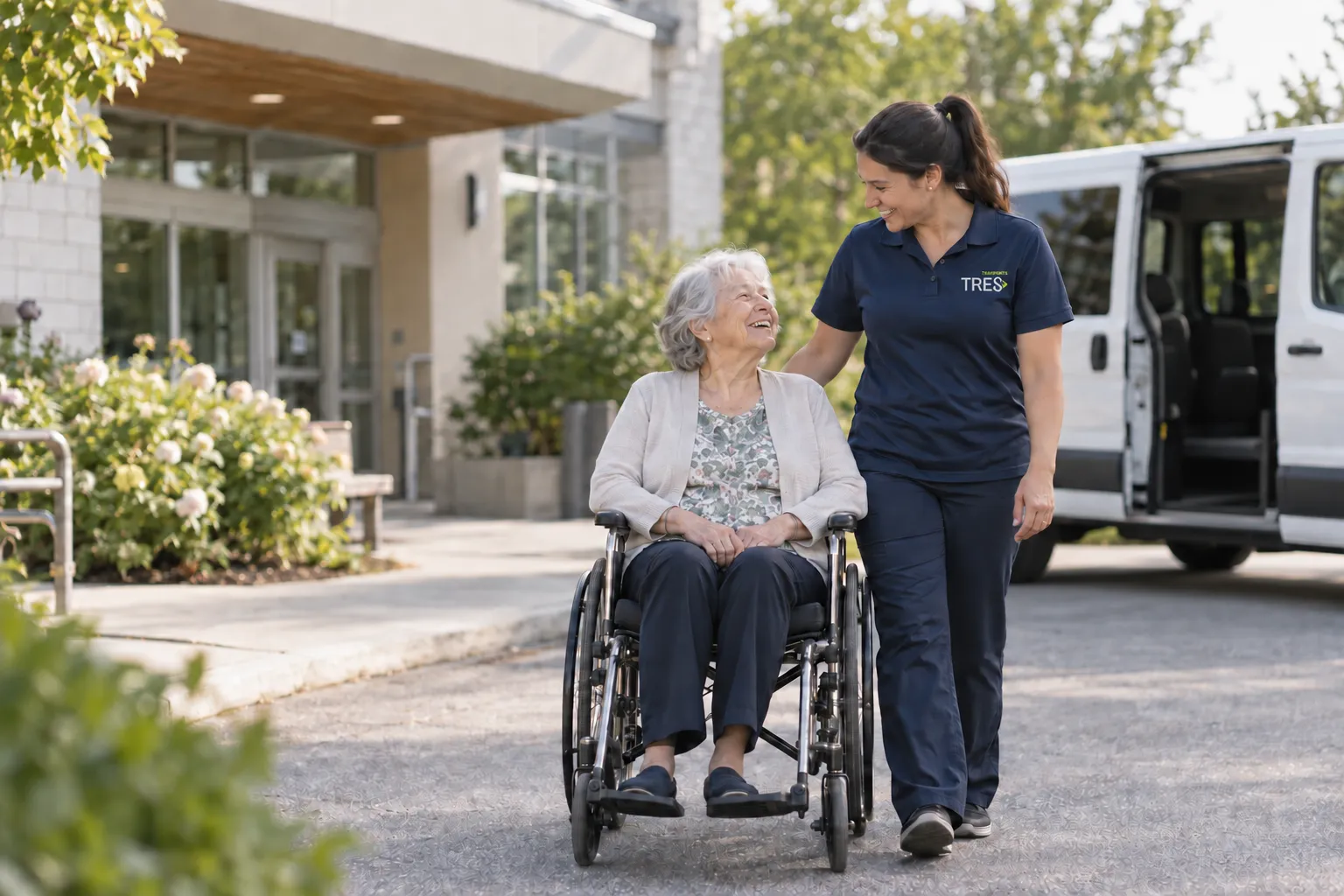 Scène illustrative d’une accompagnatrice TRES auprès d’une personne en fauteuil roulant.